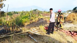 Caption : Polsek Leuwigoong bersama Disdamkar Garut padamkam api lahan gambut