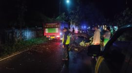 Hujan deras di sertai angin kencang mengakibatkan pohon tumbang di Jalan Raya Lintas Selatan, tepatnya di Kampung Rancapadu, Desa Cikelet, Kecamatan Cikelet, pada Sabtu dini hari. (29/3/2025).